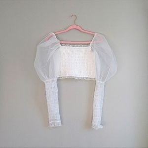 For Love and Lemons Coquette White Puff Sleeve Smocked Crop Top